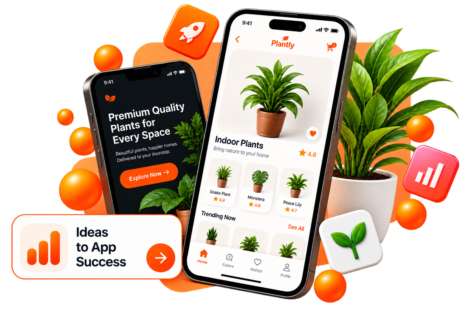 Plant shopping app displayed on two smartphones with an Ideas to App Success badge